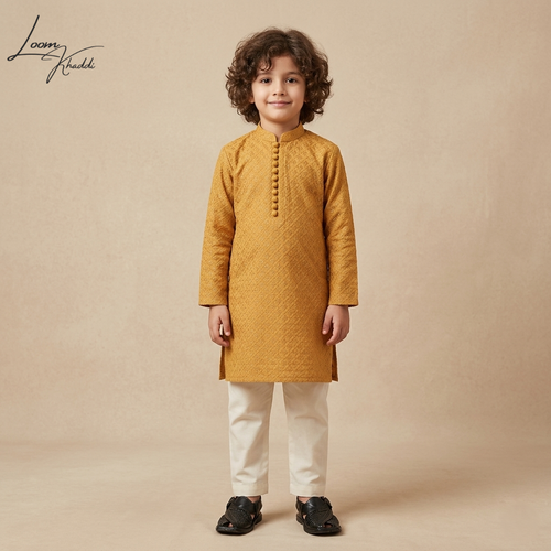 Kids Mustard Yellow  Cotton Embroidered Kurta Pajama