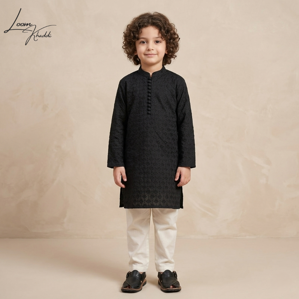 Kids Black Cotton Embroidered Kurta Pajama