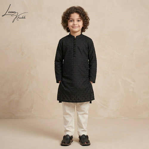 Kids Black Cotton Embroidered Kurta Pajama