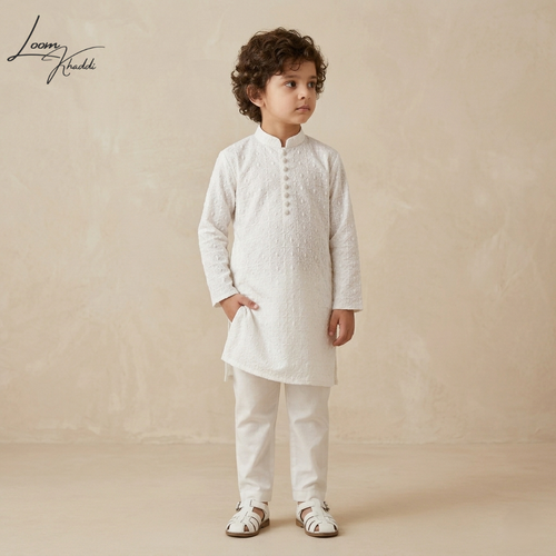 Kids Off White Cotton Embroidered Kurta Pajama