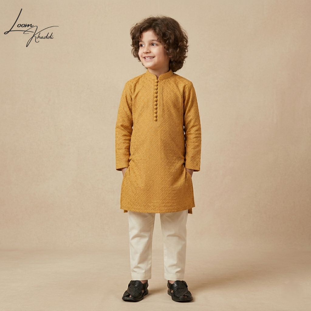 Kids Mustard Yellow  Cotton Embroidered Kurta Pajama